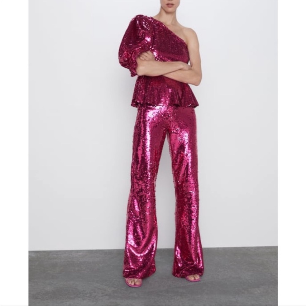 Zara Fuchsia Flared Sequin Pants Size XS*